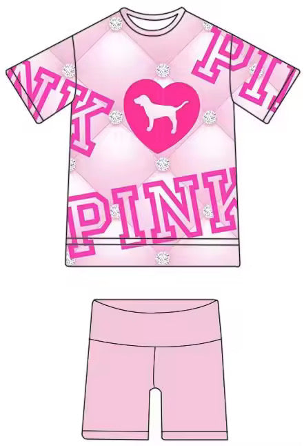 Pink dog bamboo oversized tee and biker set